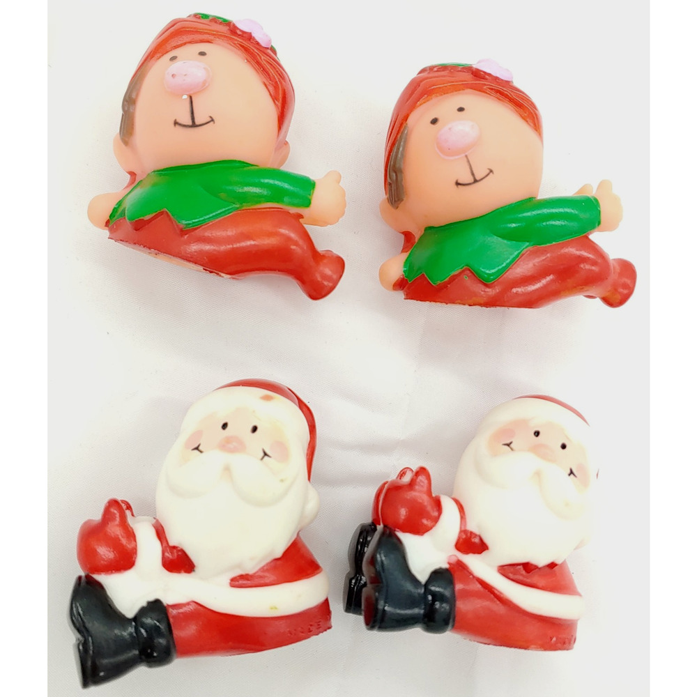 Christmas Candle Huggers Elf-Santa 4 pc Vintage Dinner Taper Decorations Plastic